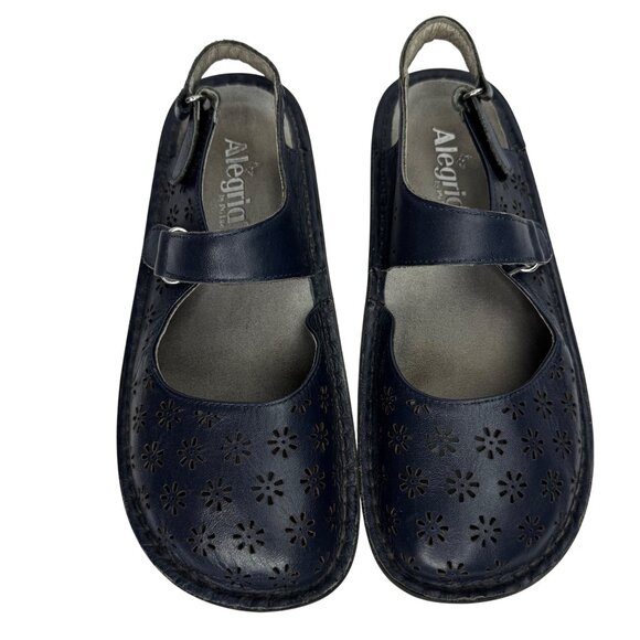 Alegria Womens Sz 8/8.5 Slip Resistant Navy Blue Leather Floral Laser Cut Mary J - Picture 7 of 11